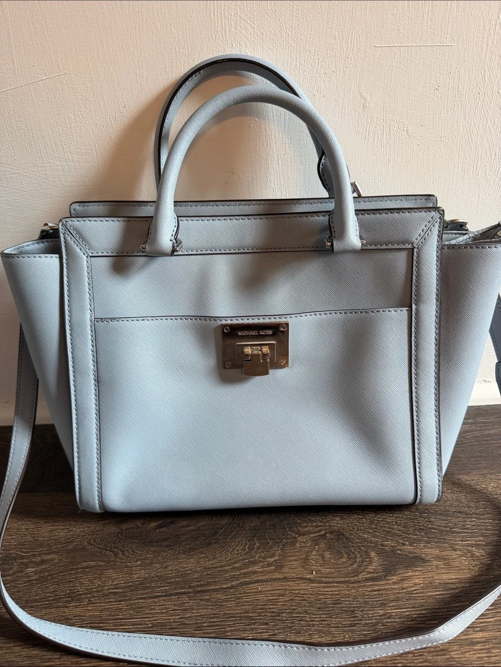 Michael Kors Light Blue Saffiano Leather Satchel with MK Logo Wallet